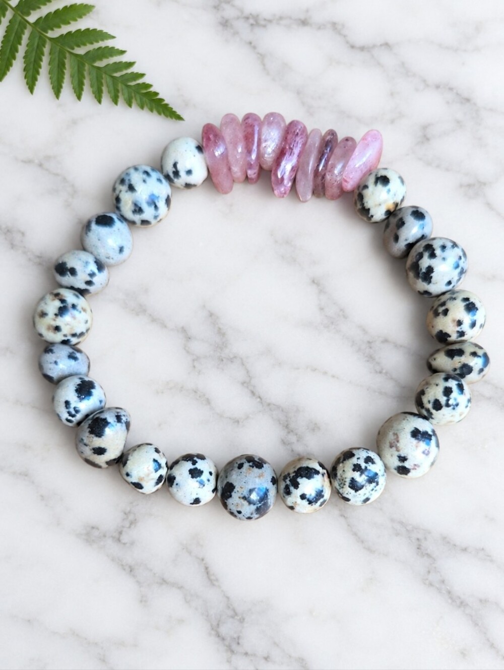 Dalmatian Jasper & Strawberry Quartz Beaded Stretch Bracelet | Handmade